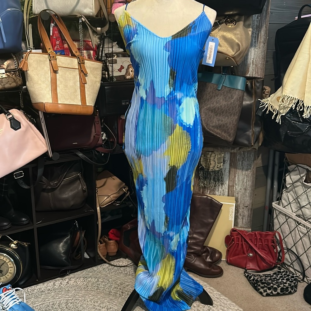 PrettyLittleThing Blue Multi Pleated Slip Dress